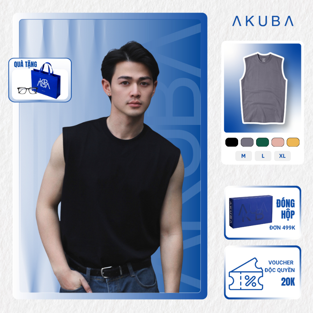 Áo Hè Tanktop Ba Lỗ Nam AKUBA Cổ Tròn Form Oversize Cotton 100% Sợi Tự Nhiên Thoáng Mát | 01JE1079