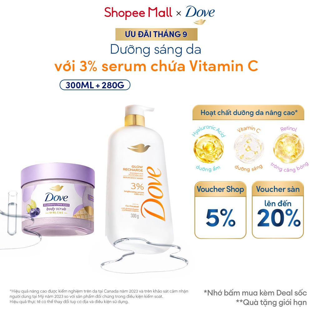 Combo Sữa tắm Dove Serum Dưỡng da chuyên sâu 300ml + Tẩy Da Chết Dưỡng Ẩm Dove 280g