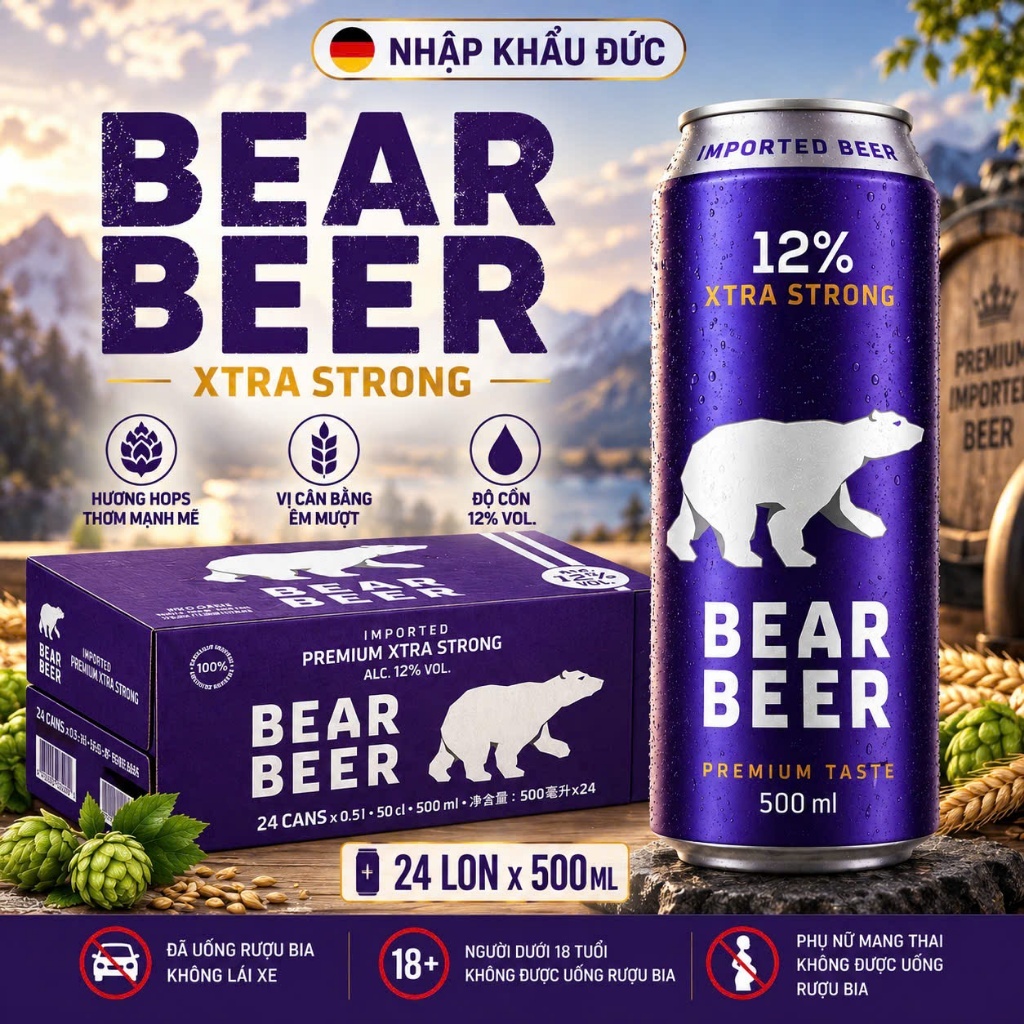 ( HỎA TỐC-HÀ NỘI ) Bia Gấu Bear Beer Xtra Strong 12% Thùng 24 Lon 500ML