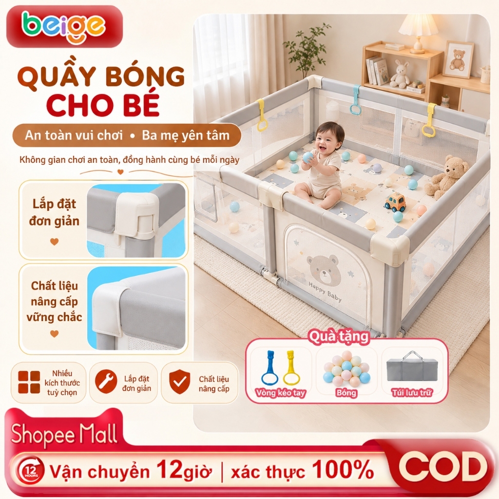 Quây Bóng Cho Bé Beige, Quây Vải Nhà Bóng Cho Bé, Khung Inox Dày,  Tháo Lắp Dễ Dàng Nhanh Chóng