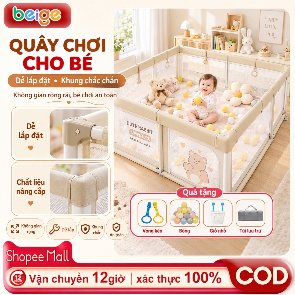 Quây Bóng Cho Bé Beige, Lưới thoáng chống kẹt | Vật liệu dày + Tháo lắp dễ | Tặng 4 quà
