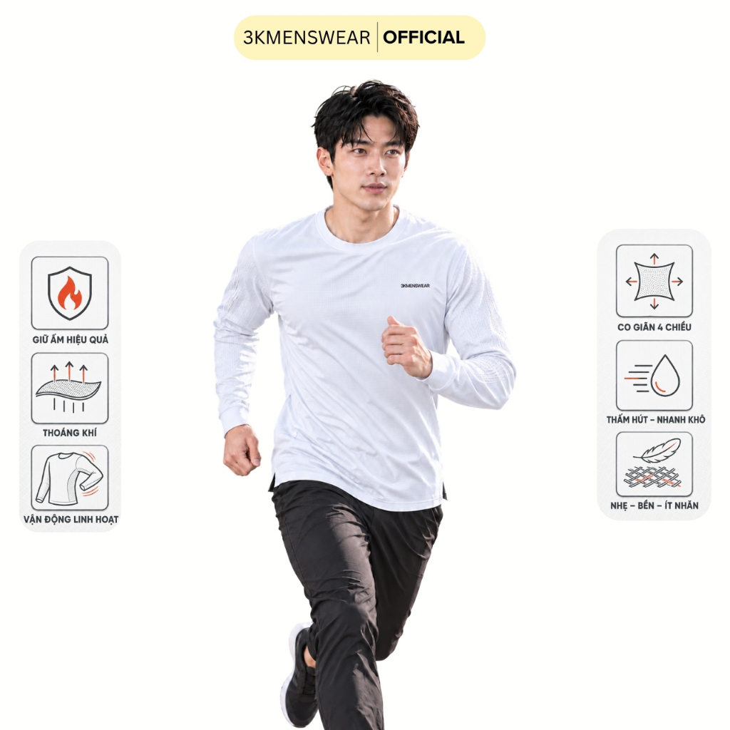 Áo Chạy Bộ Dài Tay 3KMENSWEAR Chất Liệu Poly Thể Thao Phối Sườn Thoáng Khí Thấm Hút Mồ Hôi