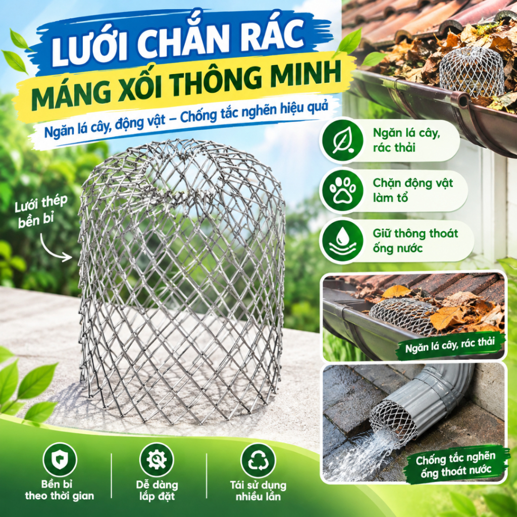 Lưới Chắn Rác Máng Xối Thông Minh - Ngăn Lá Cây, Động Vật, Chống Tắc Nghẽn Ống Thoát Nước Hiệu Quả -