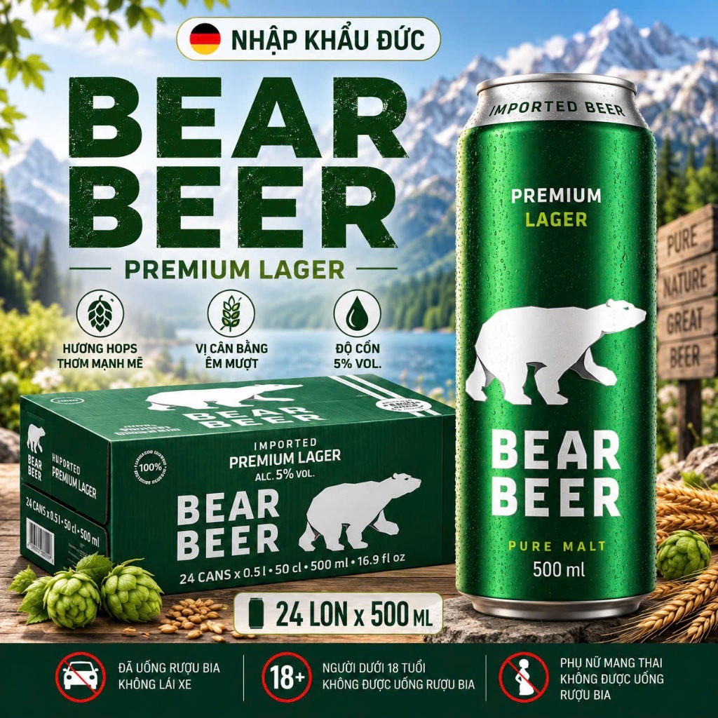 ( HỎA TỐC-HÀ NỘI ) Bia Gấu Bear Beer Lager 5% Thùng 24 Lon 500ml