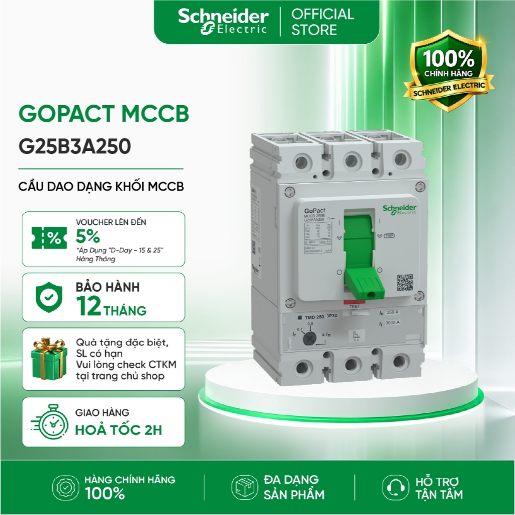 Cầu dao dạng khối MCCB GoPact 250B 3P 250A 25kA chỉnh định 0.7-1xIn - Schneider Electric G25B3A250
