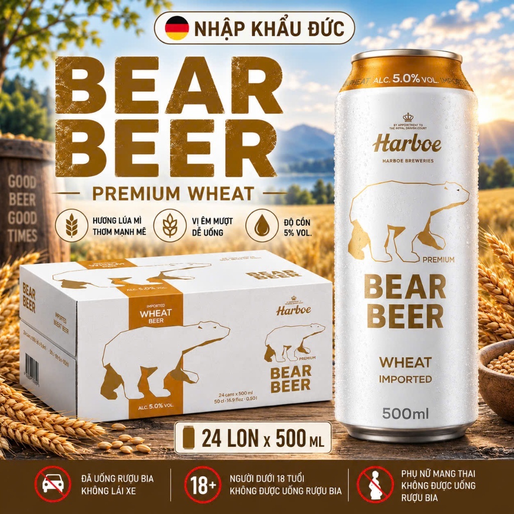 ( HỎA TỐC-HÀ NỘI ) Bia Gấu Bear Beer Wheat 5% Thùng 24 Lon 500ml