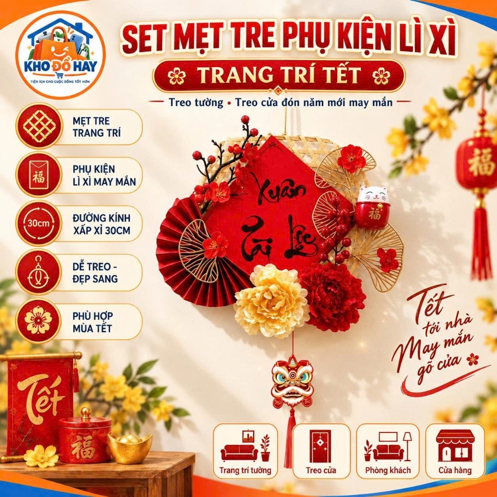 Set Mẹt Tre Trang Trí Tết DIY – Phụ Kiện Lì Xì, Quạt Đỏ, Hoa Mai Đào Decor Treo Tường, Treo Cửa + Tặng Keo Nến