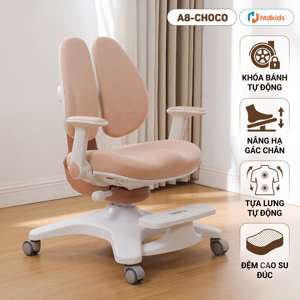 Ghế Ngồi Học Chống Gù HTDkids A8 Q7 - Ghế Công Thái Học Học Sinh Tiểu Học Nâng Hạ Cột Sống