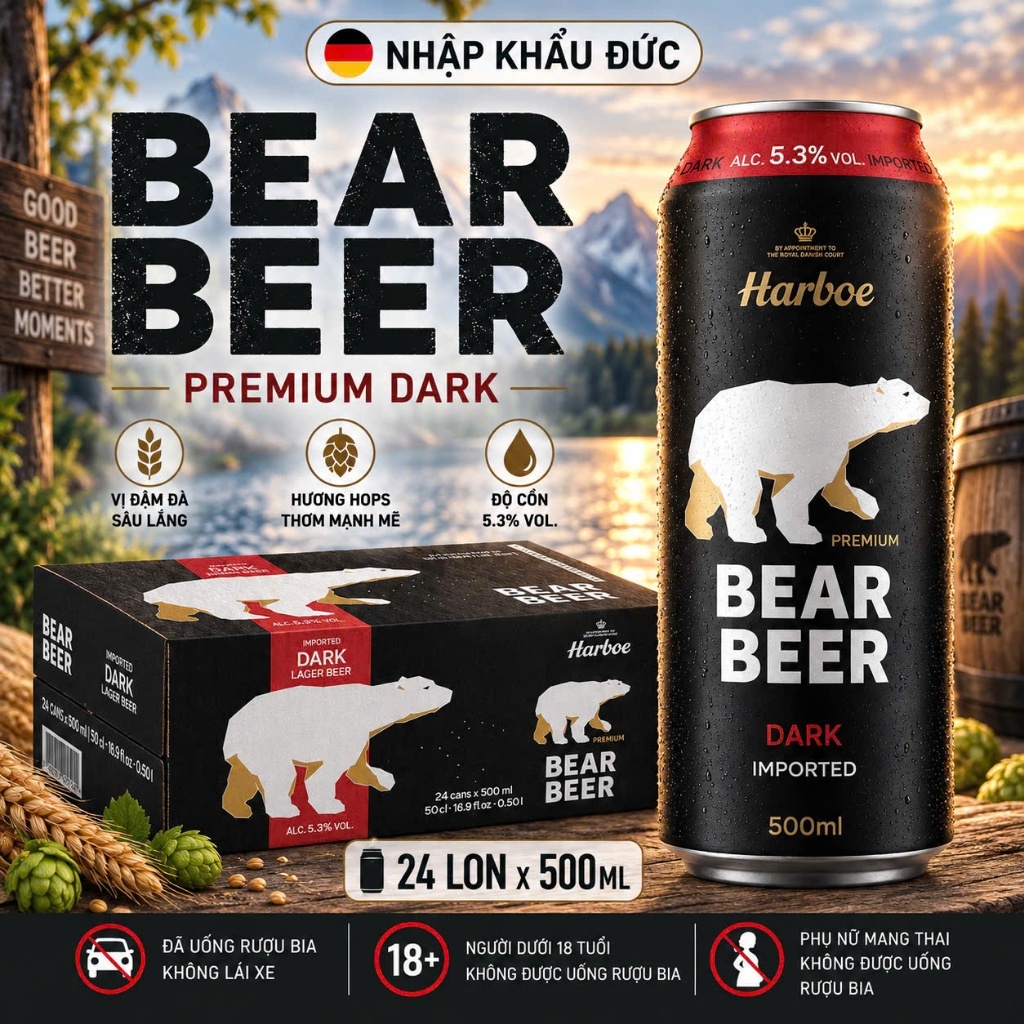 ( HÒA TỐC-HÀ NỘI ) Bia Gấu Bear Beer Dark 5.3% thùng 24 lon 500ml