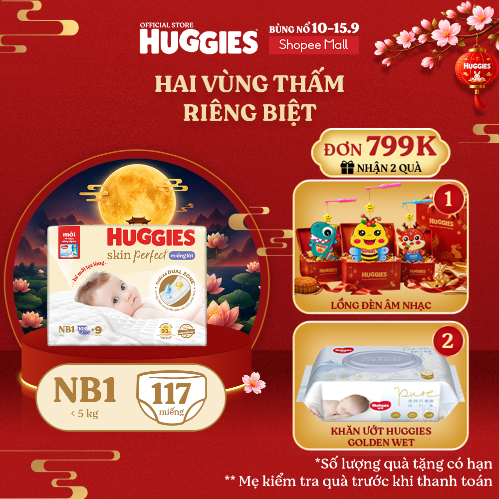 Miếng lót sơ sinh Huggies Skin Perfect NB1 108+6 miếng với 2 vùng thấm giảm kích ứng da