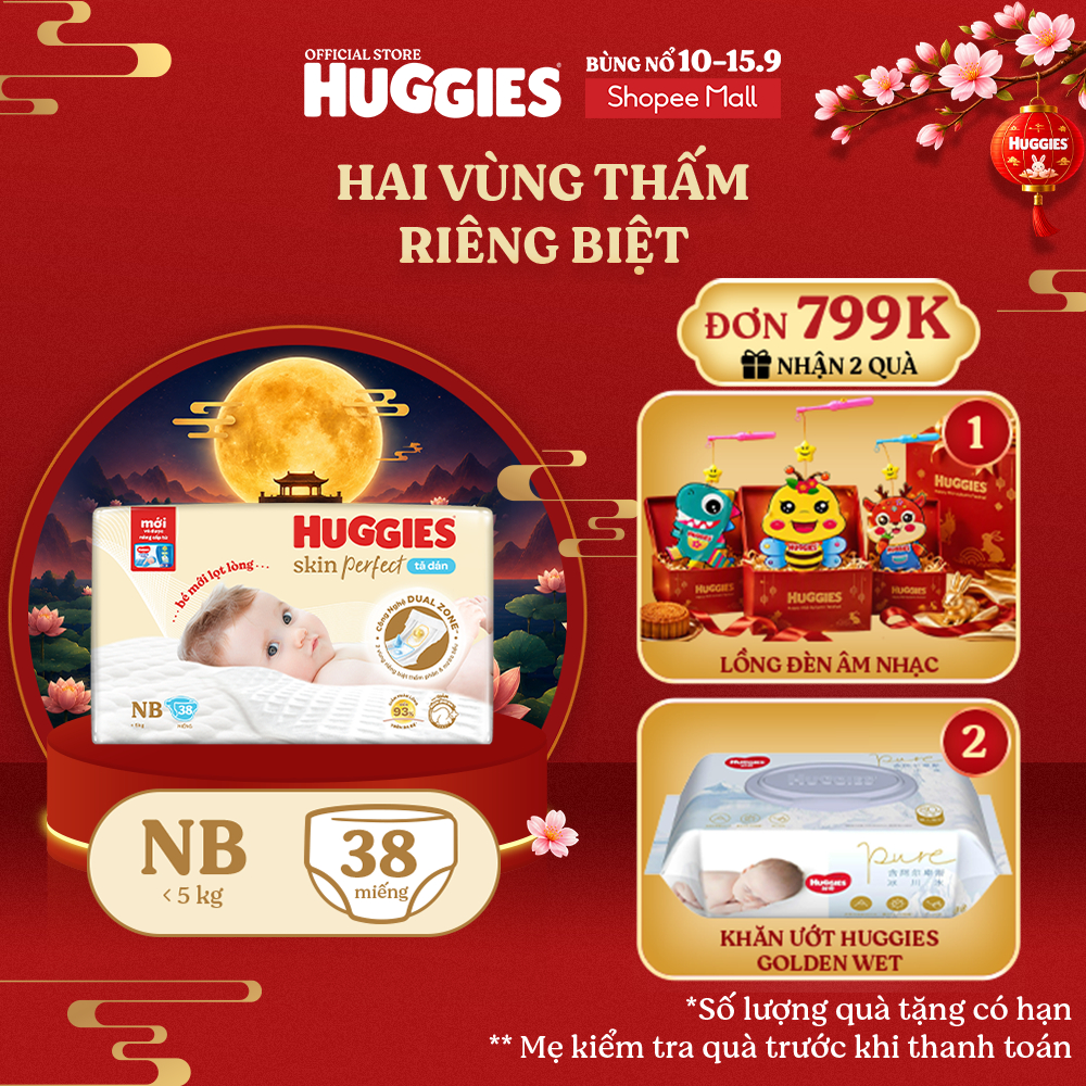 Tã/bỉm dán sơ sinh Huggies Skin Perfect NB 38 miếng với 2 vùng thấm giảm kích ứng da