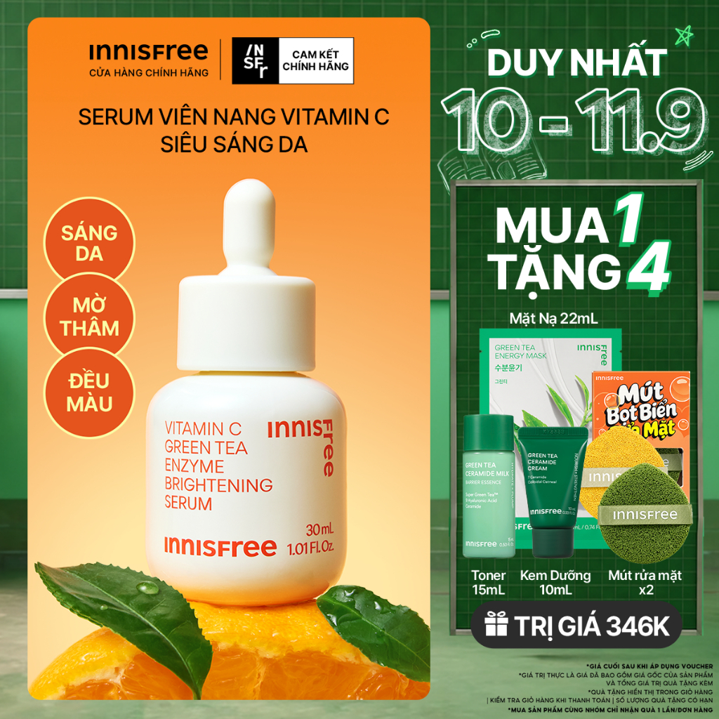Serum Vitamin C sáng da, mờ thâm mụn INNISFREE Green Tea Enzyme Brightening Serum 30ml