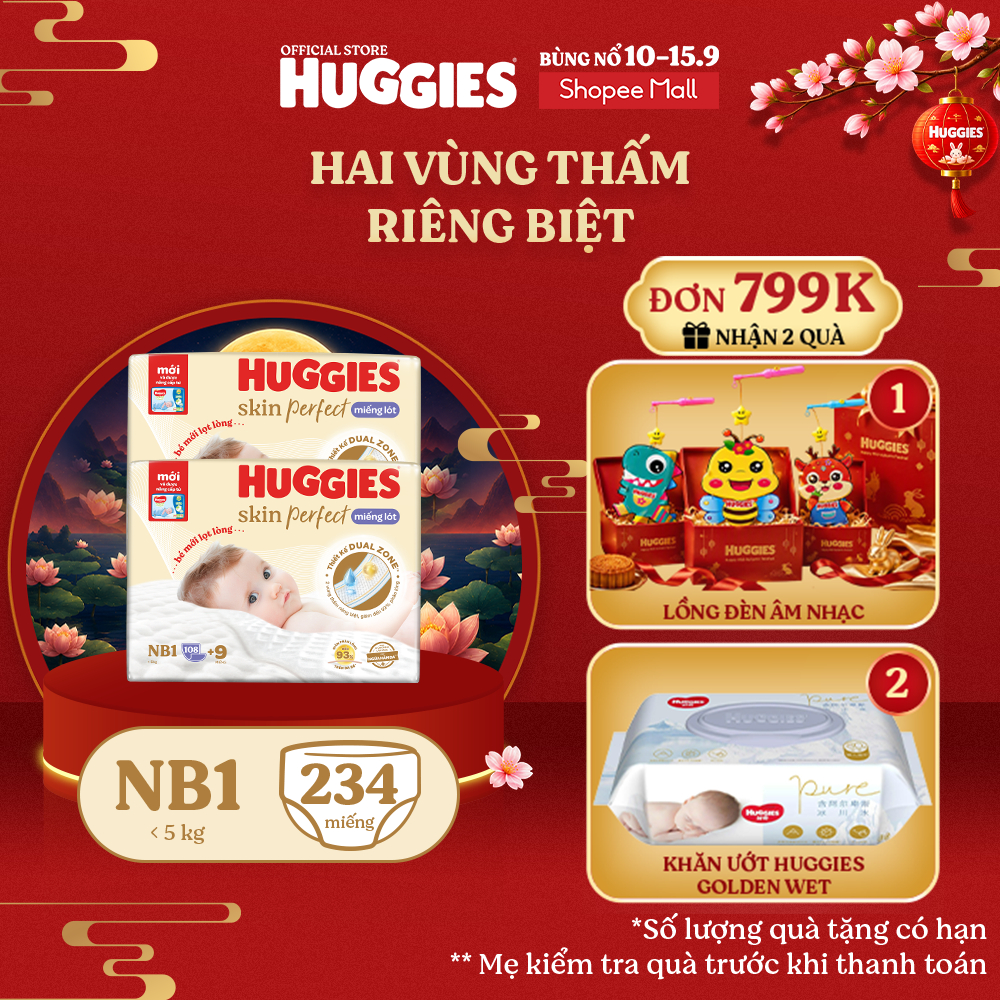 Combo 2 Miếng lót sơ sinh Huggies Skin Perfect NB1 108+9 miếng với 2 vùng thấm giảm kích ứng da