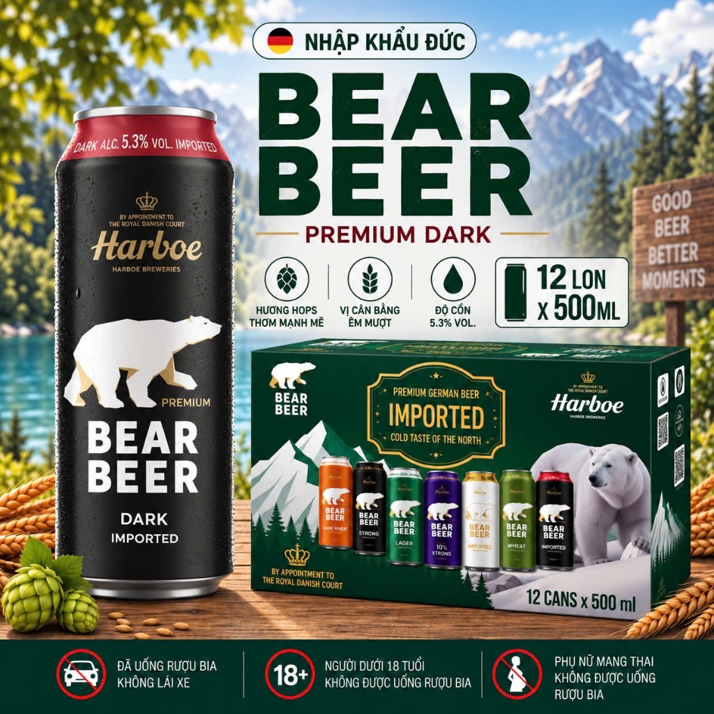 ( HỎA TỐC-HÀ NỘI ) Bia Gấu Bear Beer Dark 5.3% hộp 12 lon 500ml