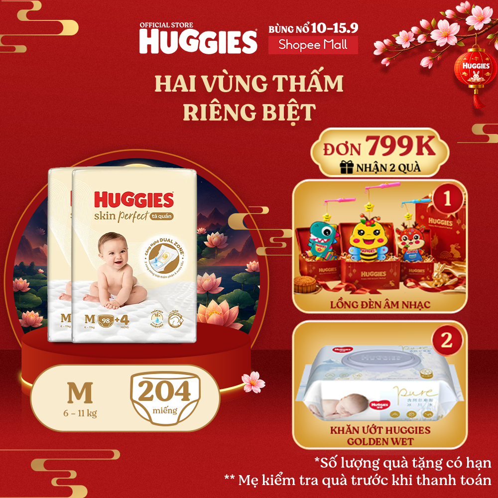 [KOL LIVE] Combo 2 Tã quần Huggies Skin Perfect Mega Jumbo M98+4/ L88+4/XL72+4/XXL64+4 với 2 vùng th