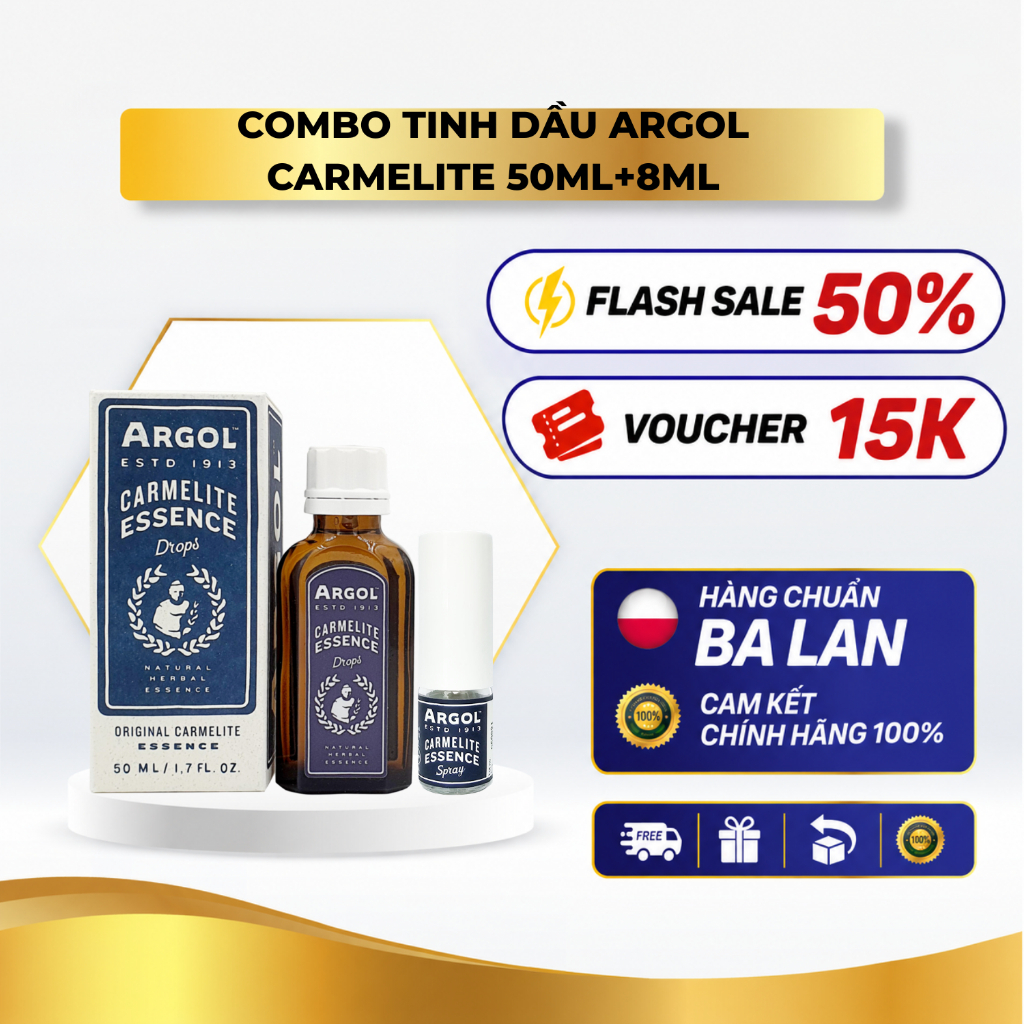 Combo Tinh Dầu dược liệu Argol Carmelite Essence 50ml + 8ml – Tinh Dầu Xông Mũi Họng, Hỗ Trợ Giảm Cả
