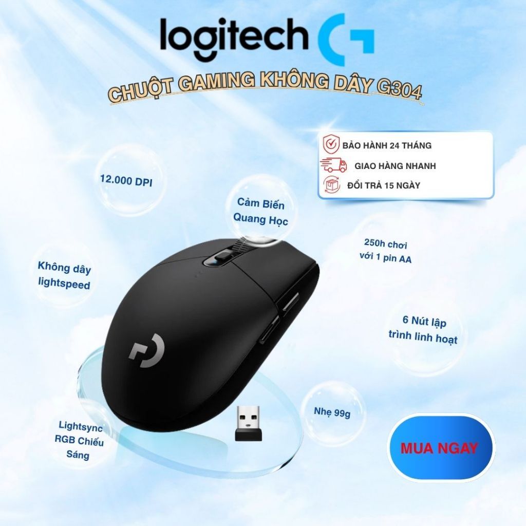 Chuột Gaming Logitech G304 Không Dây Wireless Lightspeed Cảm Biến HERO Cho PC