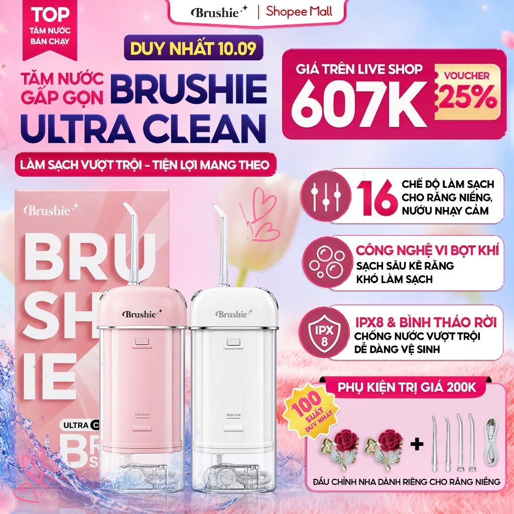 [GIÁ 607K LIVE SHOP] Tăm Nước BRUSHIE ULTRA CLEAN 16 chế độ phù hợp cho răng niềng, Tăm nước mini gấ