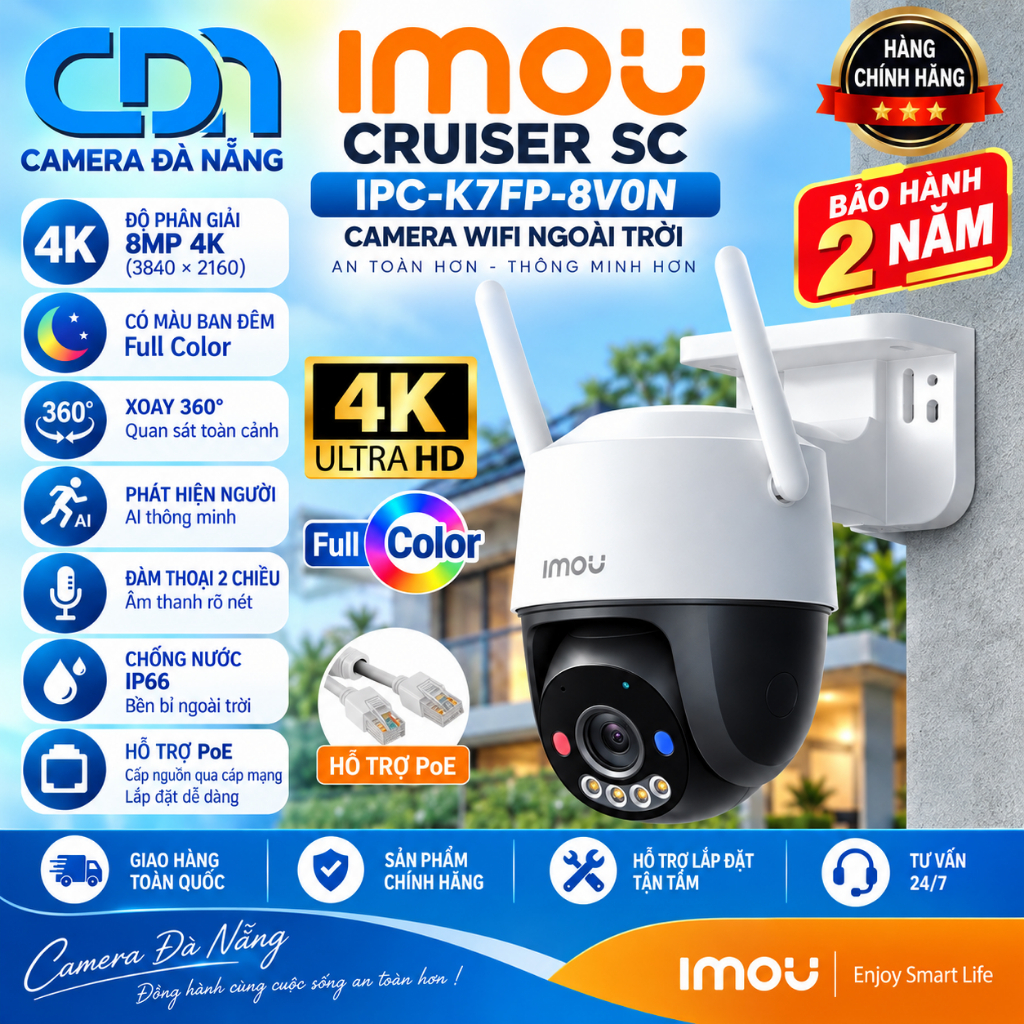 CAMERA NGOÀI TRỜI IMOU CRUISER SC 8MP - IPC-K7FP-8V0N - GHI HÌNH CHUẨN 4K - HỖ TRỢ PoE - BH 2 NĂM