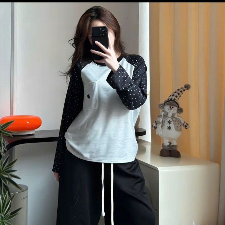 Áo Thun tay dài CHẤM BI NGÔI SAO phối túi ngực from rộng CAMASTORE M78A