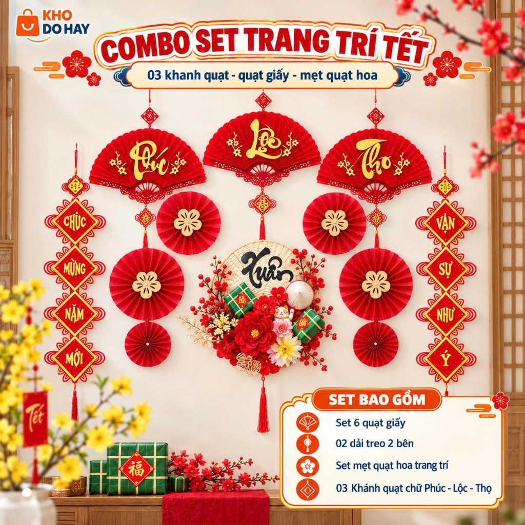 Set Decor Tết Ông Thần Tài Cưỡi Cá Chép Có LED – Bộ Treo Tường Liễn Nhung, Khánh Quạt, Quạt Giấy, Tặng Móc Dán