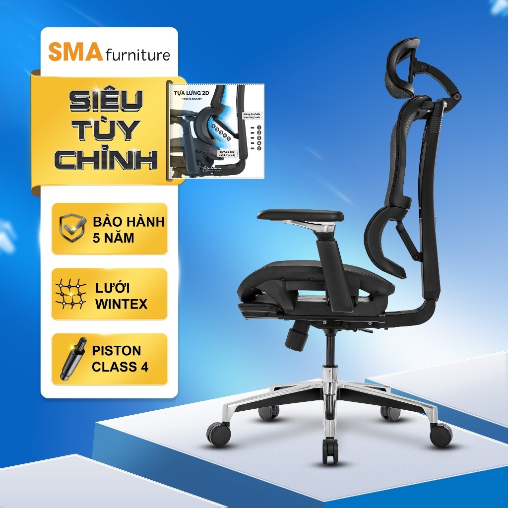Ghế văn phòng công thái học SMA Furniture Lumbar full tính năng bá đạo, lưới Wintex, Piston class 4