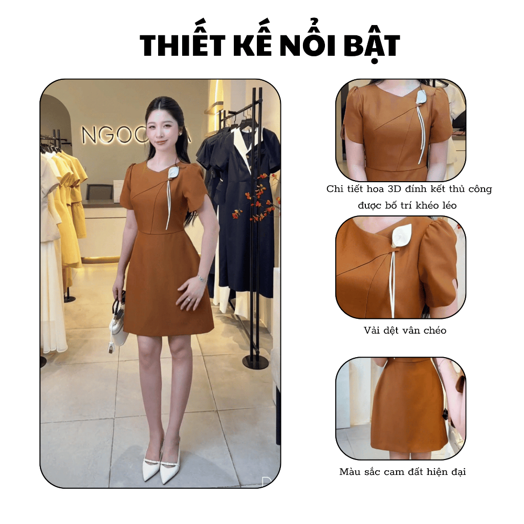 NGOCHA Design Váy A Xếp Cổ Cài Hoa Màu Cam Đất Helen D1197 - Thiết Kế Nổi Bật, Phong Cách Nữ Tính Th