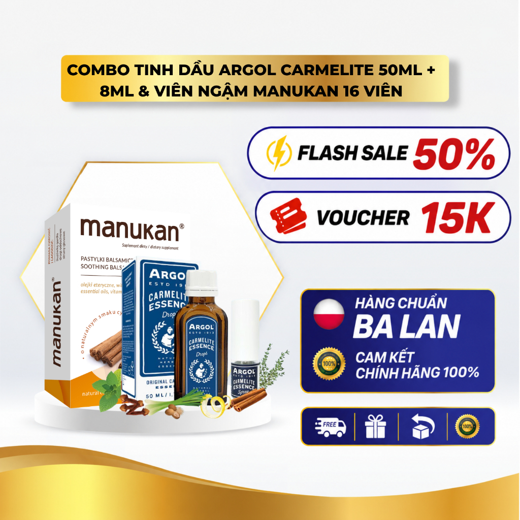 Combo Tinh Dầu dược liệu Argol Carmelite Essence 50ml + 8ml + Manukan – Hỗ Trợ Giảm Nghẹt Mũi, Đau H