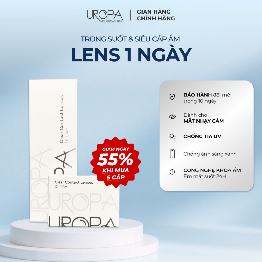 Lens 1 ngày cận trong suốt kính áp tròng UROPA siêu cấp ẩm (từ -1.00 -> -10.00 độ)