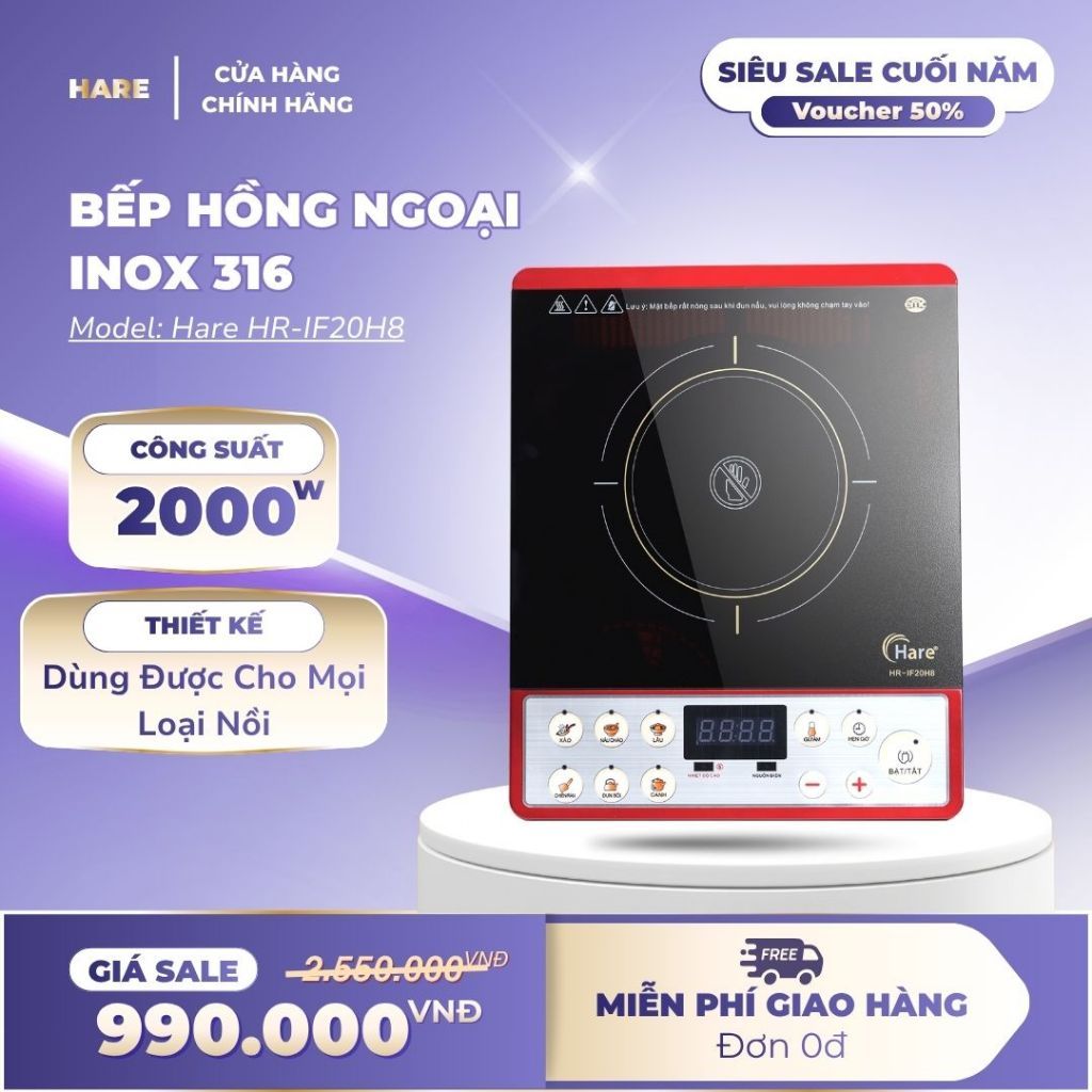 Bếp Hồng Ngoại Đơn Hare HR-IF20H8 công suất 2000W Nấu Nhanh Dùng Mọi Loại Nồi Mặt Kính Chịu Nhiệt