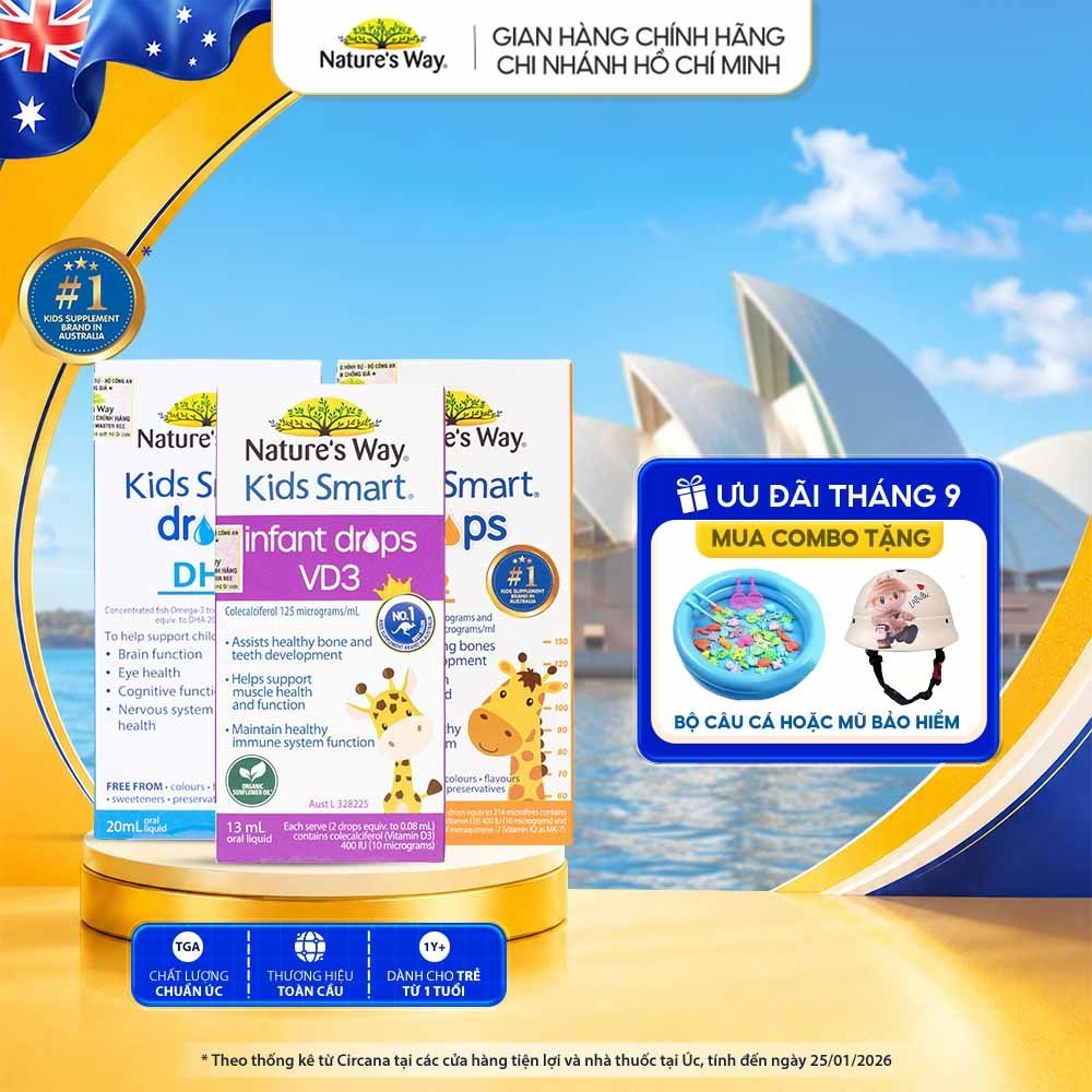 Combo 3 Sản Phẩm DHA Drops + D3K2+ D3 Nature's Way Kids Smart Hỗ Trợ Chăm Sóc Sức Khỏe Cho Bé