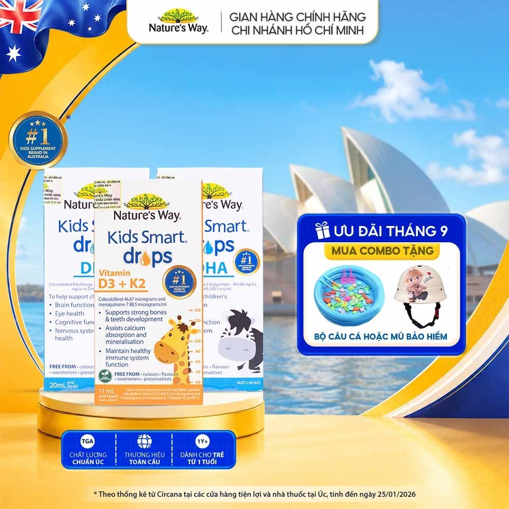 Combo 2 DHA Drops và 1 Vitamin D3K2 Nature's Way Kids Bổ Sung Vitamin, Phát Triển Não Bộ Cho Bé 20ml