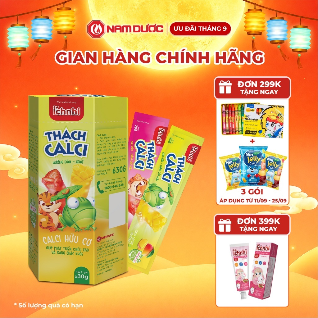 ÍCH NHI THẠCH CALCI HƯƠNG DÂU, XOÀI, bổ sung calci hữu cơ cho bé, Hộp 21 túi x 30gr