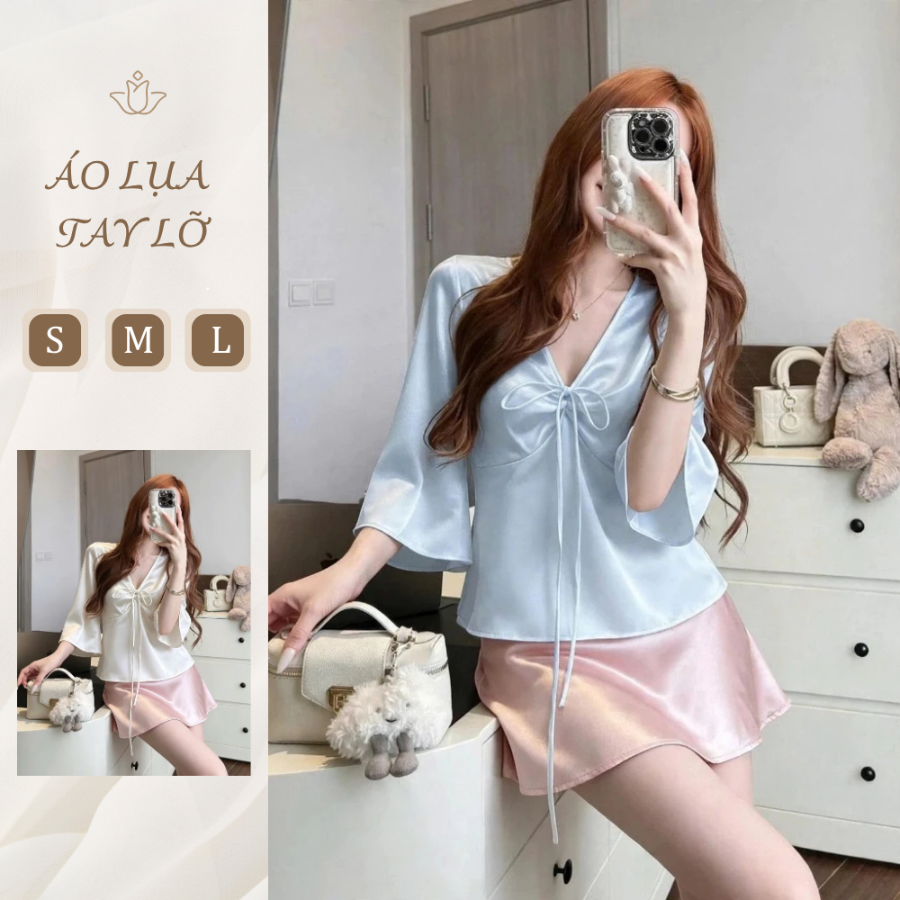 Áo lụa nữ, áo lụa tay lỡ cổ V phối nơ lụa cao cấp, dày dặn AO018