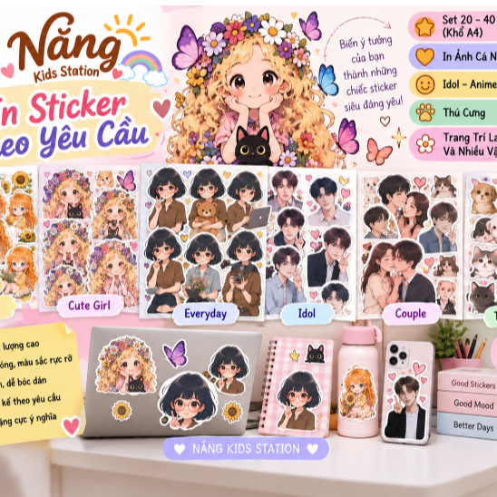 Sticker In Theo Yêu Cầu Set 20–40 sticker, Sticker Ảnh Cá Nhân Anime Idol Couple Thú Cưng - Nắng Kid