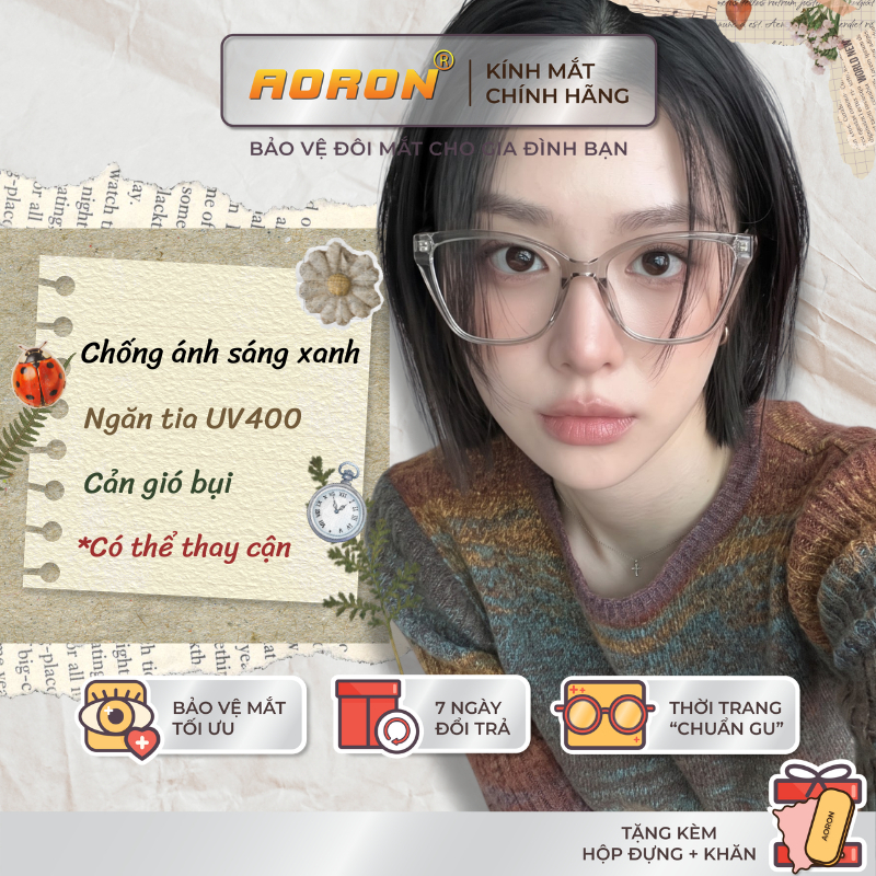 Kính Nữ Mắt Mèo Chống Ánh Sáng Xanh AORON Cản Tia UV400 Gọng Đàn Hồi Phù Hợp Đi Làm Đi Học AK368