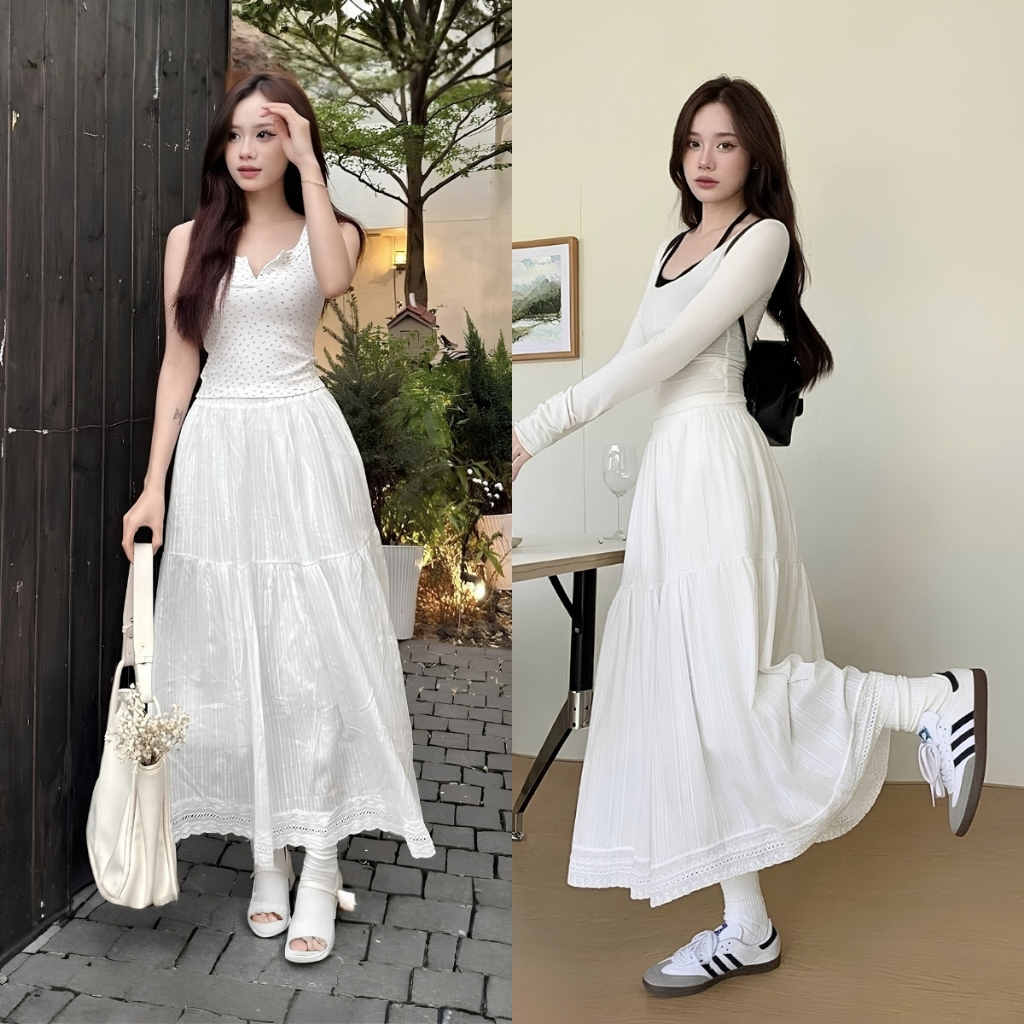 Chân váy midi kiểu chữ A viền ren 2 lớp, chân váy dài 2 tầng thời trang Renee Store - V388