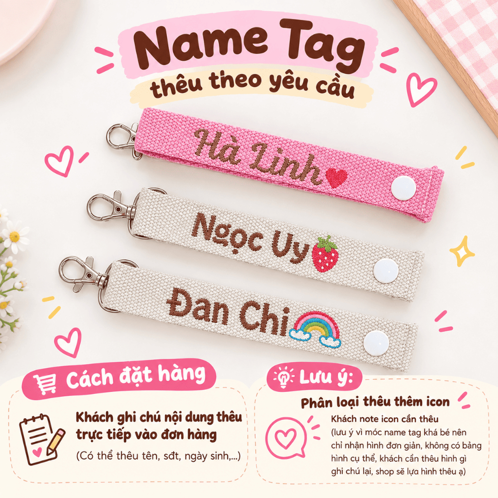 (Hàng Thêu) Móc Name Tag Thêu Tên Cho Bé treo balo, cặp sách