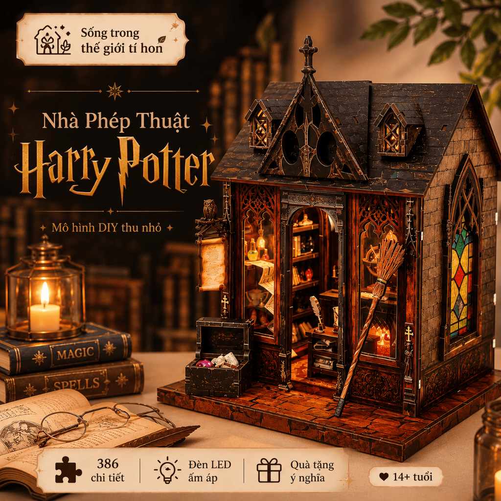 (Tặng Keo, Pin) Mô Hình Book Nook Harry Potter DIY Có Đèn LED - Nhà Gỗ Mini Handmade Fantasy Booksto