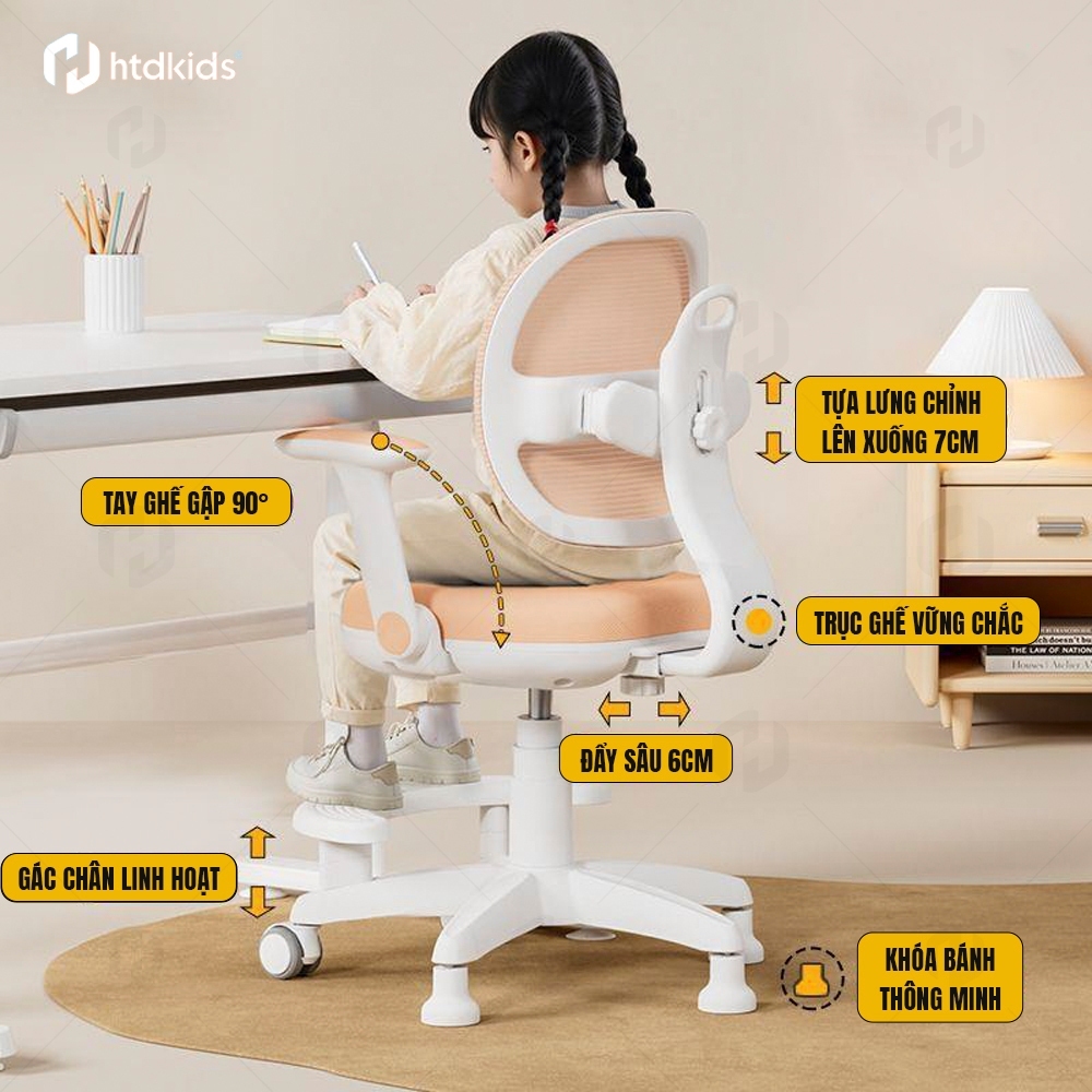 Ghế Chống Gù Học Sinh HTDkids ZX03 - Ghế Công Thái Học Cho Bé Nâng Hạ Chiều Cao, Tay Gập 90 Độ