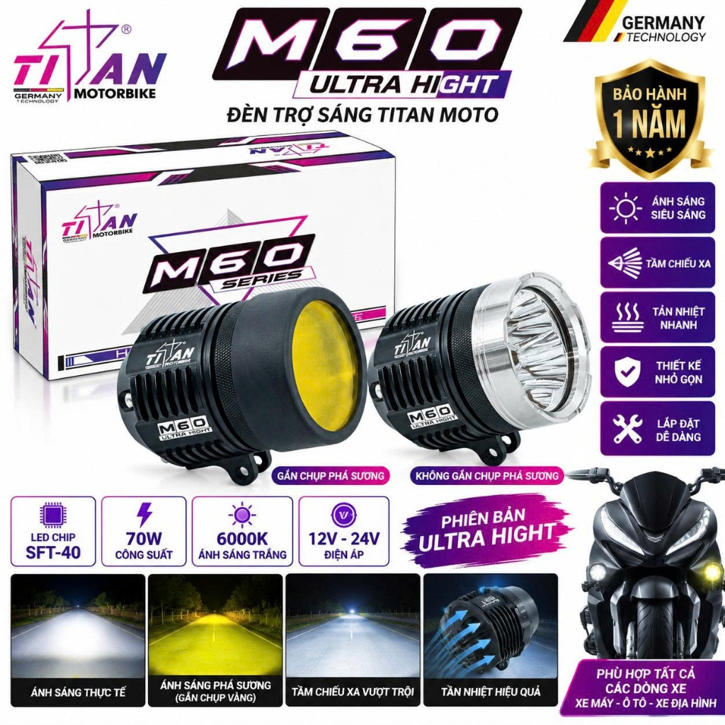 Titan M60 Ultra Hight, Đèn Trợ Sáng Titan Moto M60 Ultra Hight 70W Siêu Sáng Chống Nước - BH 1 Năm