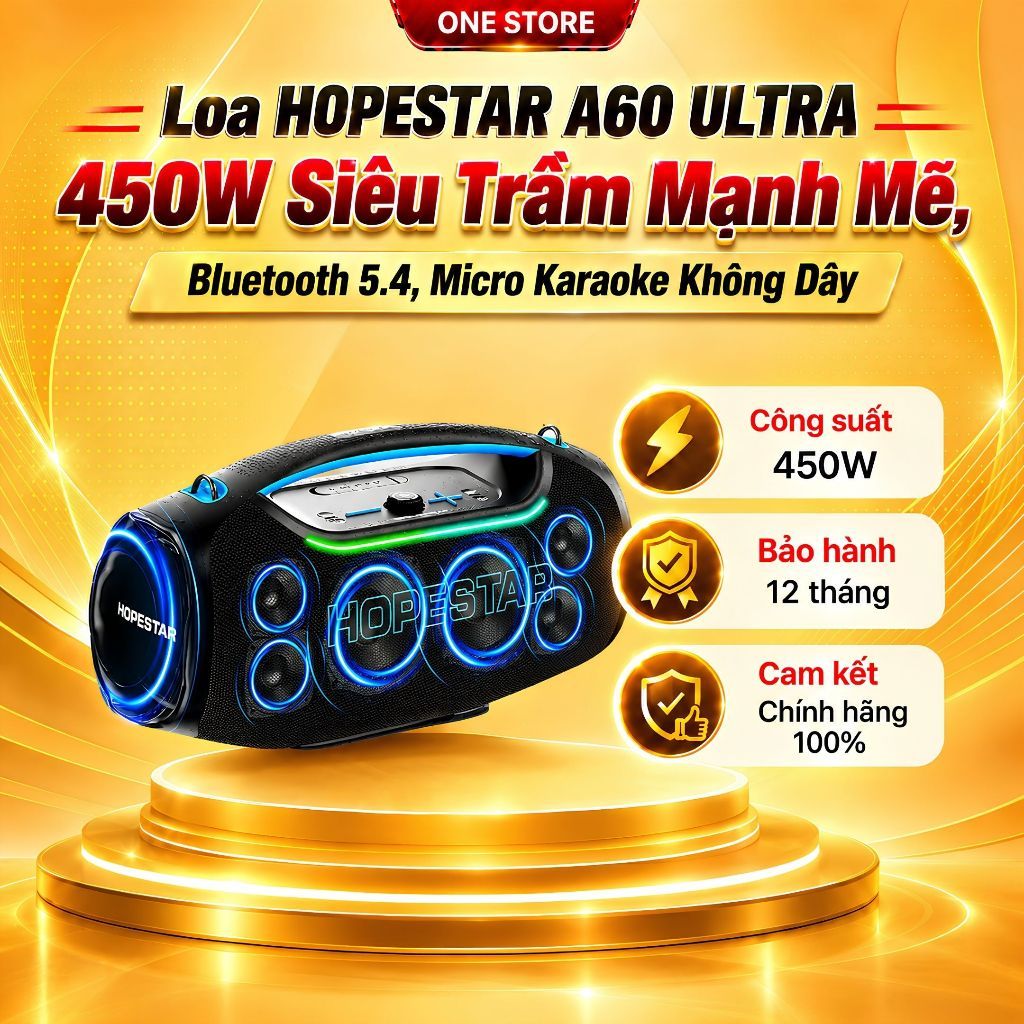 Loa HOPESTAR A60 ULTRA 450W Siêu Trầm Mạnh Mẽ, Bluetooth 5.4, Micro Karaoke Không Dây