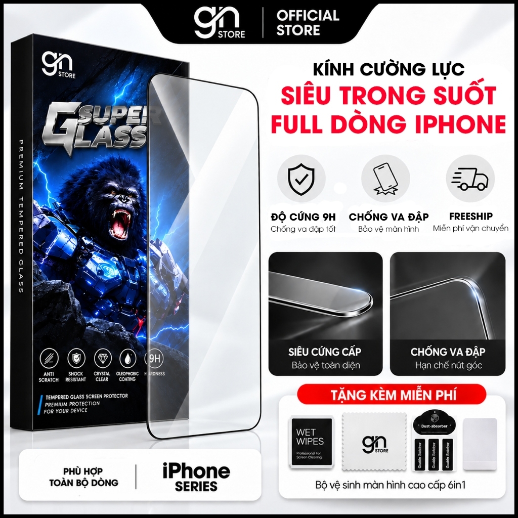 Kính cường lực iPhone 18 Promax, 18 Pro, 17 Promax 16/15/14/13/12/11 Pro/Plus/Mini Xs/Xr bản cao cấp - GNSTORE