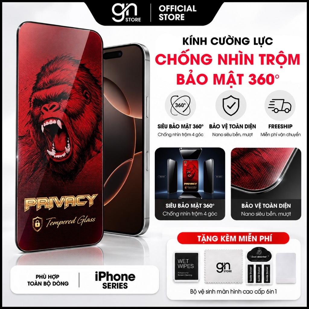 Kính cường lực chống trộm 360 cho iPhone 17 Promax 16/15/14/13/12/11 Promax/Pro/Plus XsMax bảo mật tốt - GN STORE