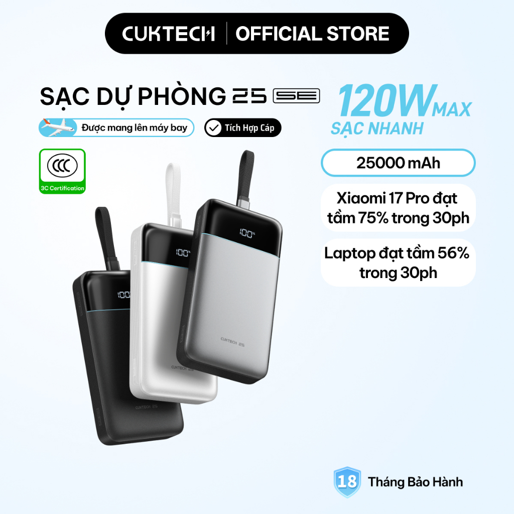 【Được chứng nhận CCC】CUKTECH 120W 25000mAh Sạc Nhanh Công Suất Cao Pin Dự Phòng – Hỗ Trợ Xiaomi 120W