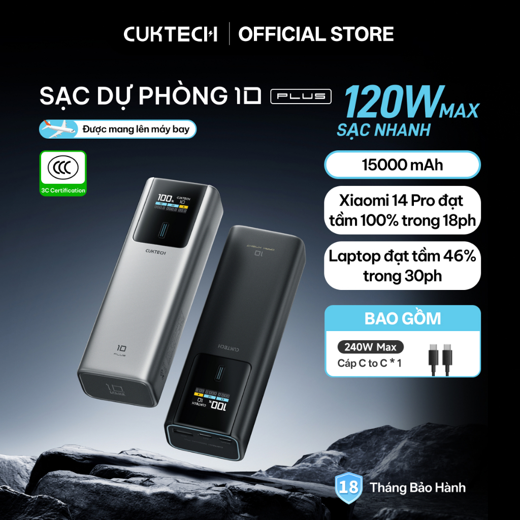 【Được chứng nhận CCC】CUKTECH Sạc Nhanh 120W 15000mAh – Hỗ Trợ Xiaomi 120W Laptop70W Samsung 45W, iP 
