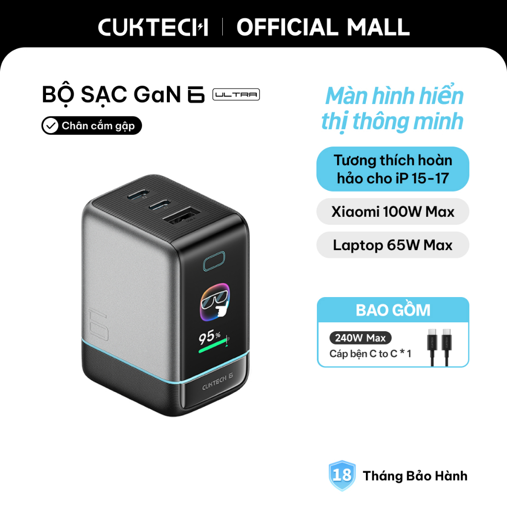 Củ Sạc Nhanh CUKTECH GaN 100W Màn Hình Hiển Thị 3 Cổng Type-C Sạc Laptop 65W Tương Thích iP 17 Pro Max/MacBook/Xiaomi