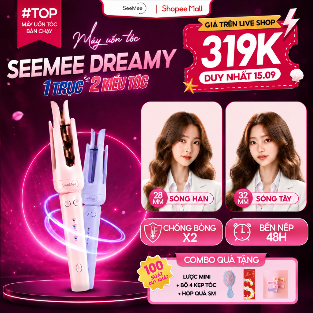 [GIÁ 344K LIVE ACCESSTRADE] Máy uốn tóc làm xoăn tự động Seemee uốn xoăn bảo vệ tóc giữ tóc suôn mượ