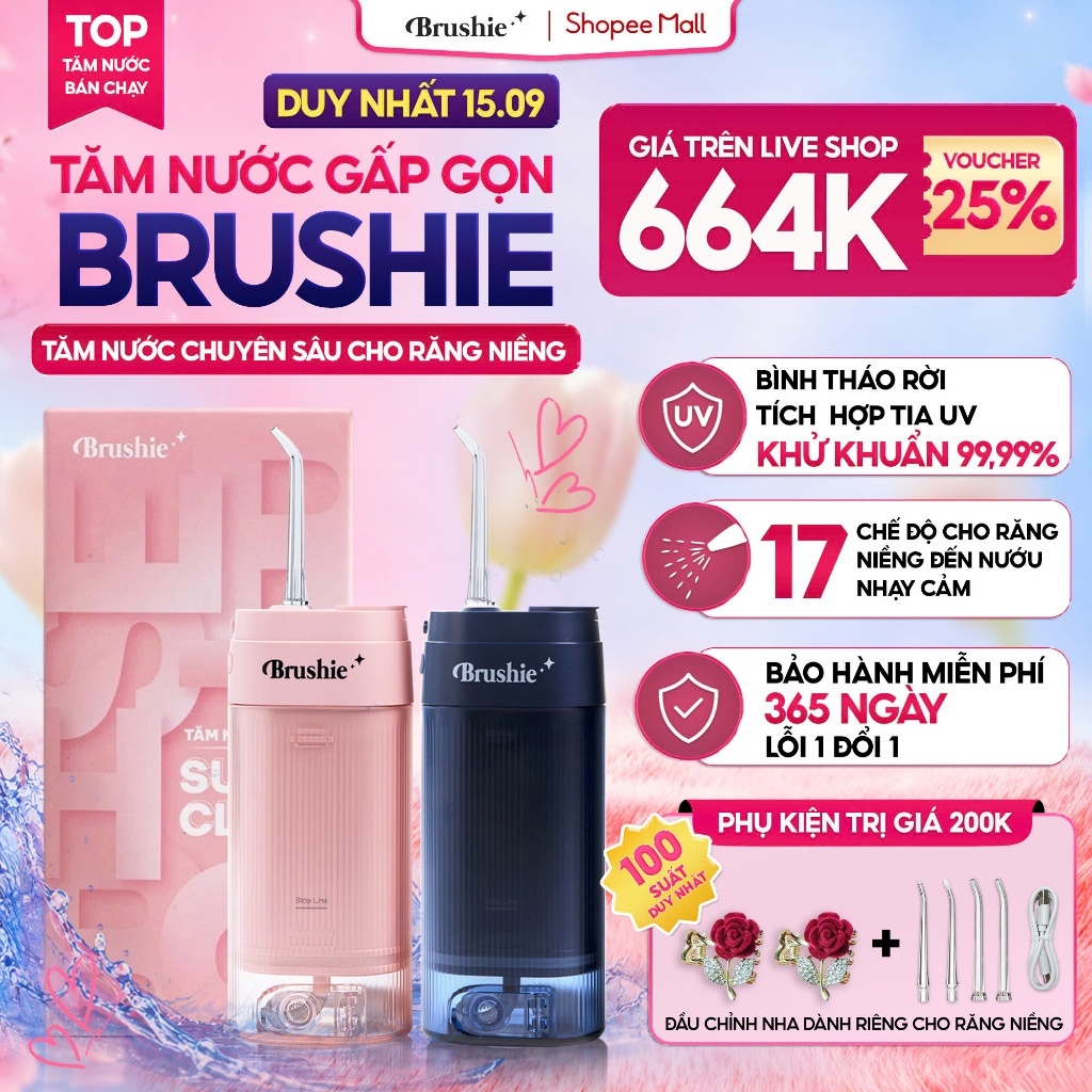 [GIÁ 646K LIVE SHOP] Tăm Nước BRUSHIE SUPER CLEAN Bản Cải Tiến Flossie 17 Chế Độ Làm Sạch Sâu Cho Ng