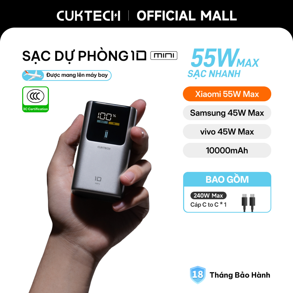 【Được chứng nhận CCC】CUKTECH Mini 55W Sạc Nhanh 10000mAh Pin Sạc Dự Phòng Xiaomi 55W Max Samsung 45W iP18/17/16